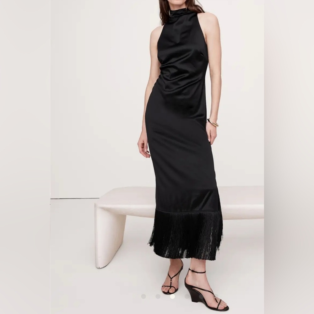 Banana Republic Fringe Satin Maxi Dress - Size 8 - Black - Picture 3 of 9
